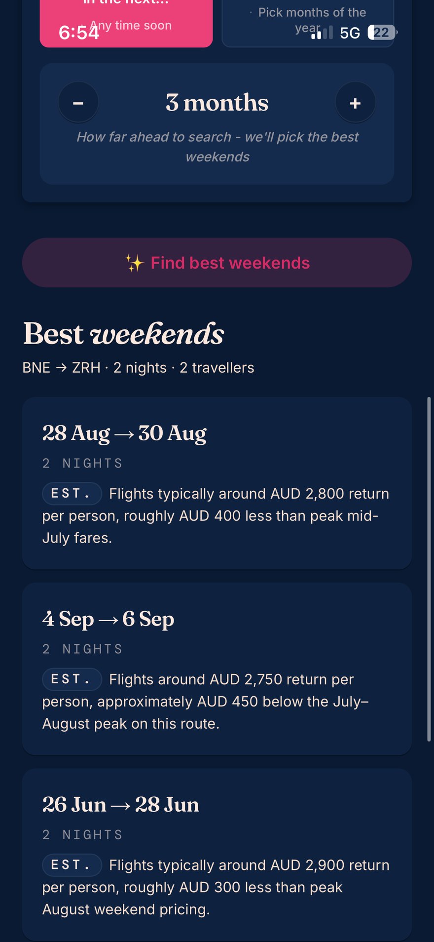 AI-found best weekends with estimated fares vs peak pricing