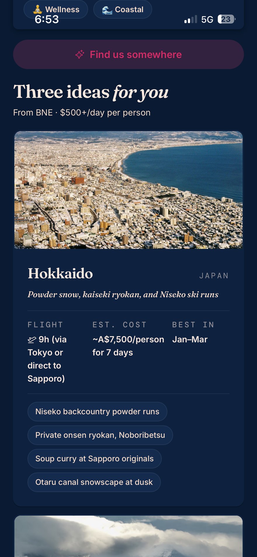 AI-suggested destinations: three ideas with flight time, cost and best months