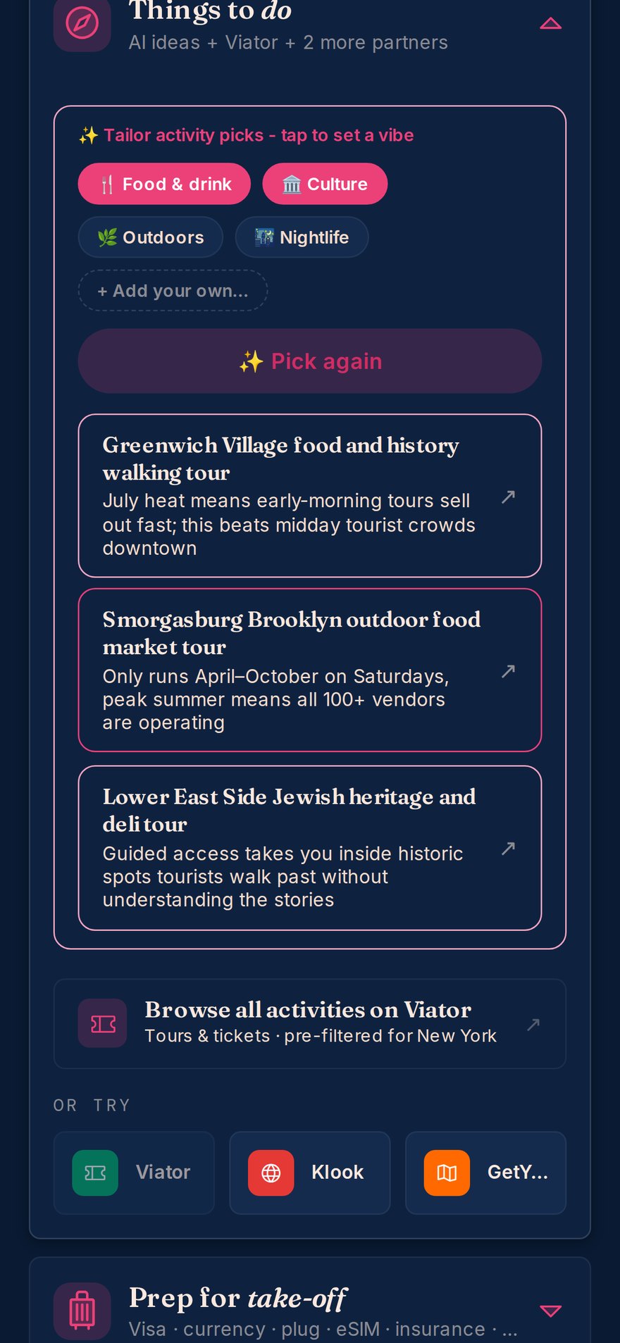 AI-picked activities for the trip, with a reason for each