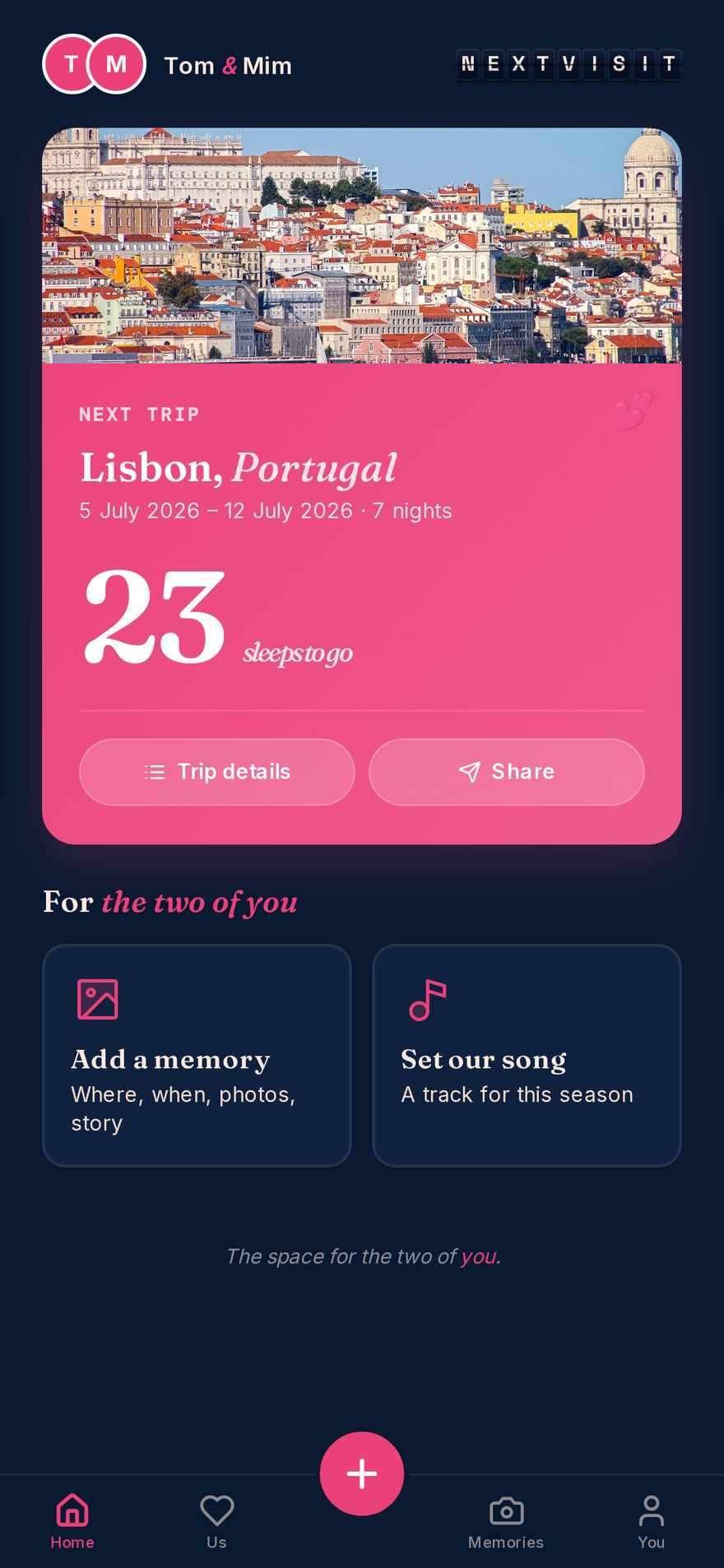 Next Visit home screen counting down to a trip to Lisbon