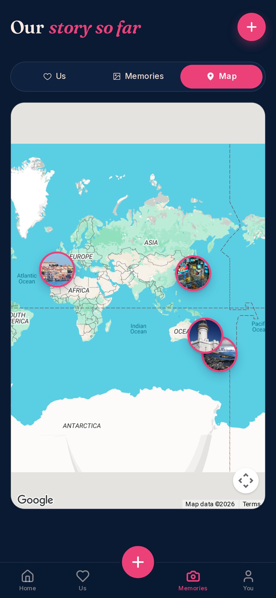 A world map of a couple's past trips with photo pins