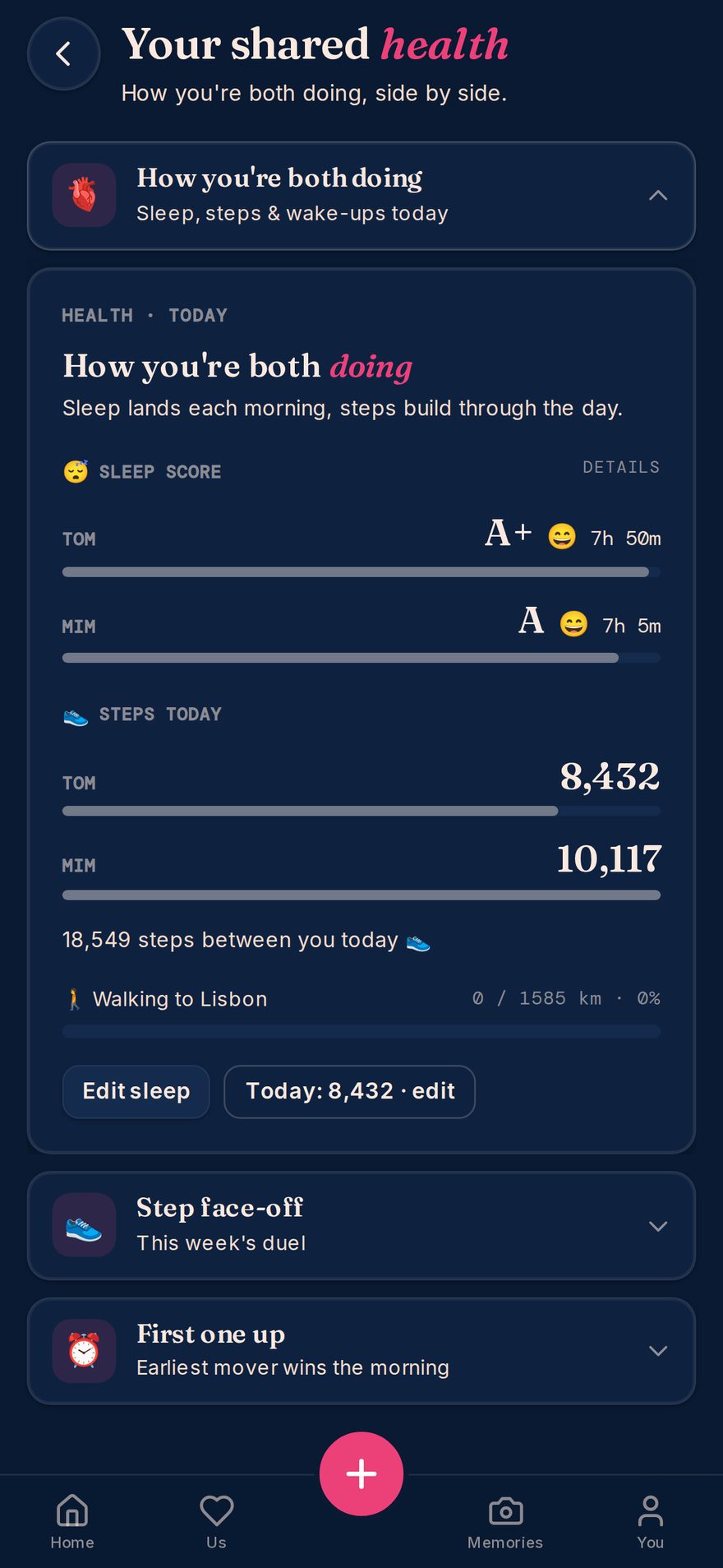 Shared health in Next Visit Plus: sleep grades and steps for both partners, plus a walk-to-your-trip goal