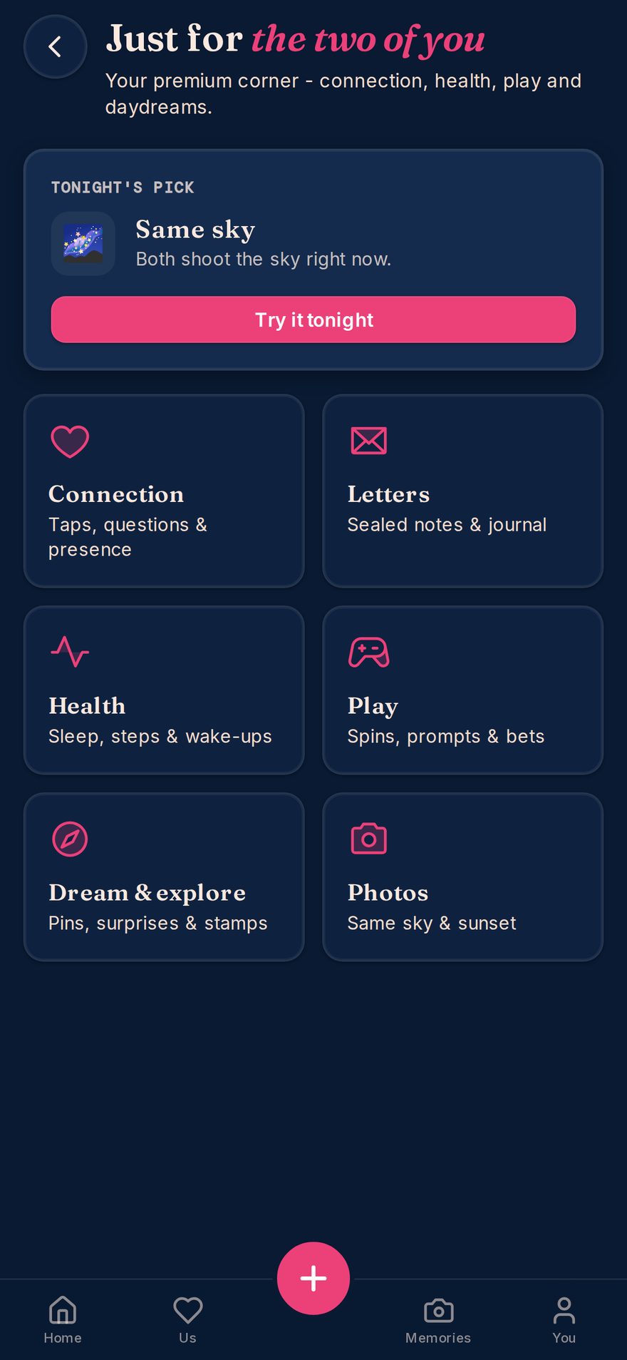 The Plus hub: connection, letters, health, play, dream and photos - games and rituals made for two