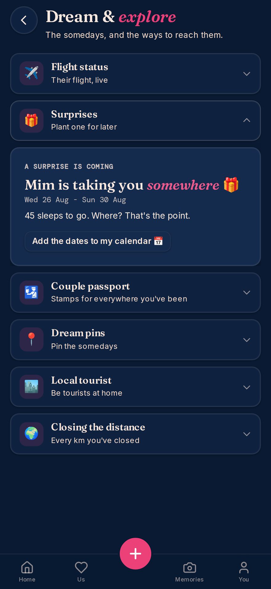 A surprise trip: the partner sees only 'Mim is taking you somewhere' with dates and a countdown