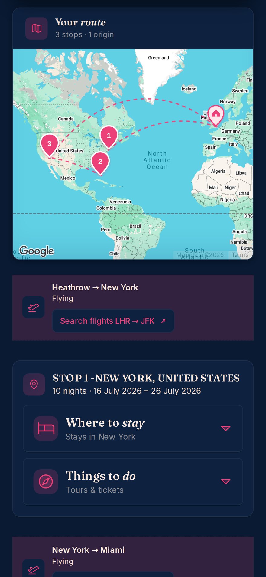 A 3-stop route mapped with per-leg flight links